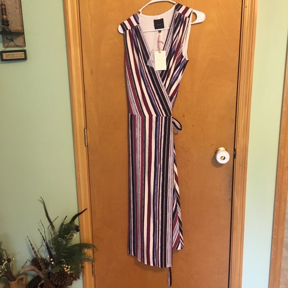 Alex Marie Striped Wrap Dress Womens 8 Multicolor Sleeveless Midi NWT $129